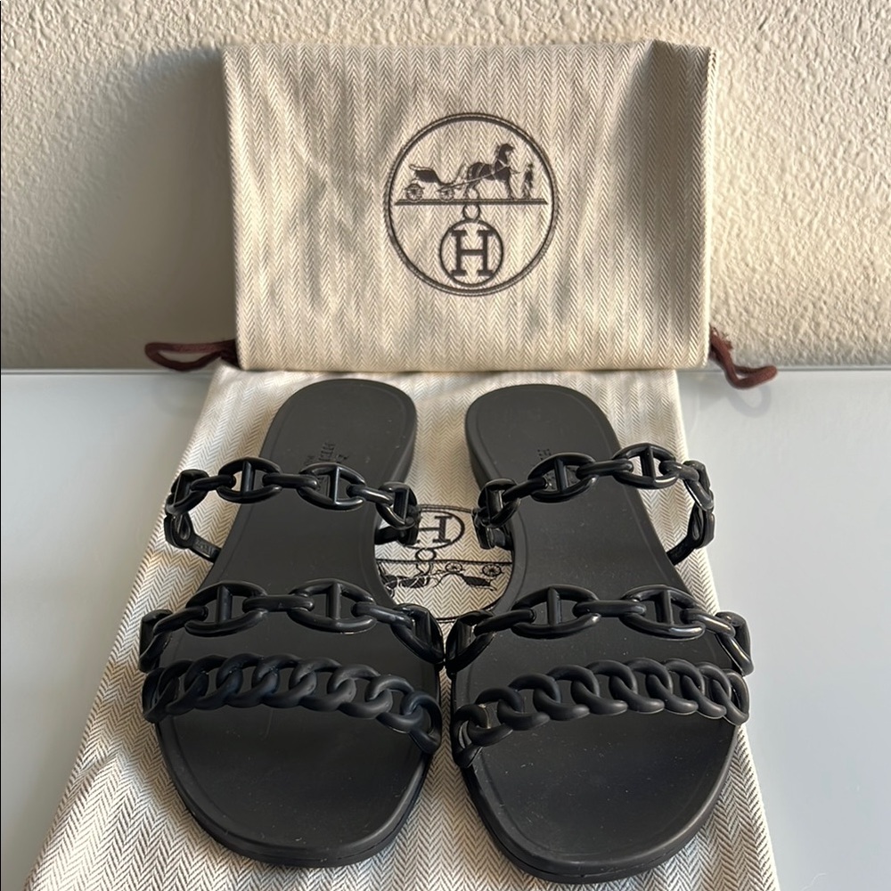🖤 Hermès Rivage Chaîne d'Ancre Insignia Slides in BLACK 🖤 Size 6